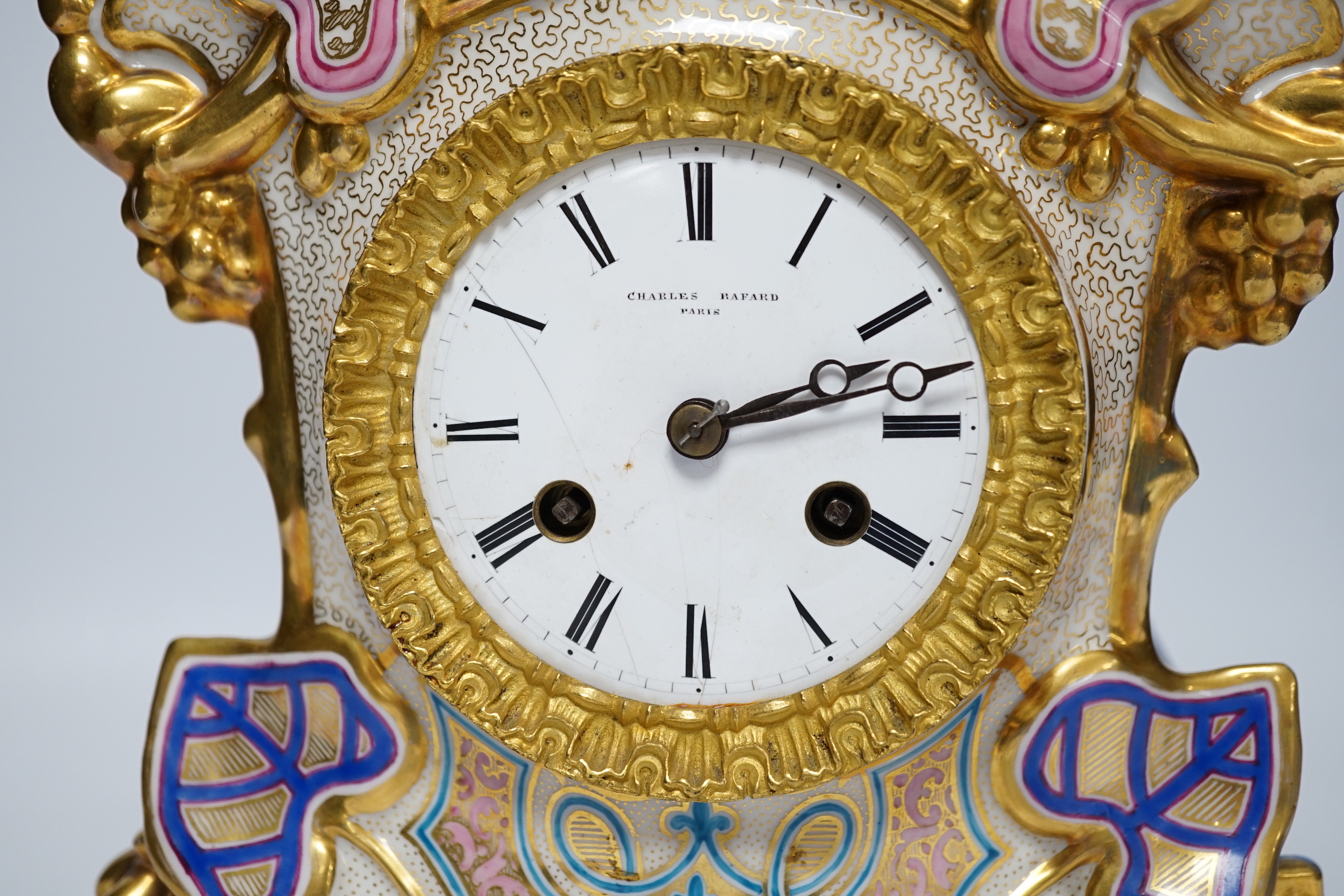 A Charles Bafard of Paris, porcelain aesthetic mantel clock, 21cm wide x 20cm high